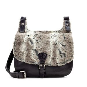 Patricia Nash Black Leather Saddle‎ Bag Faux Fur London Taupe NWT MSRP $229